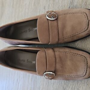 Laura Scott Tan Suede Loafers with Metal Buckle